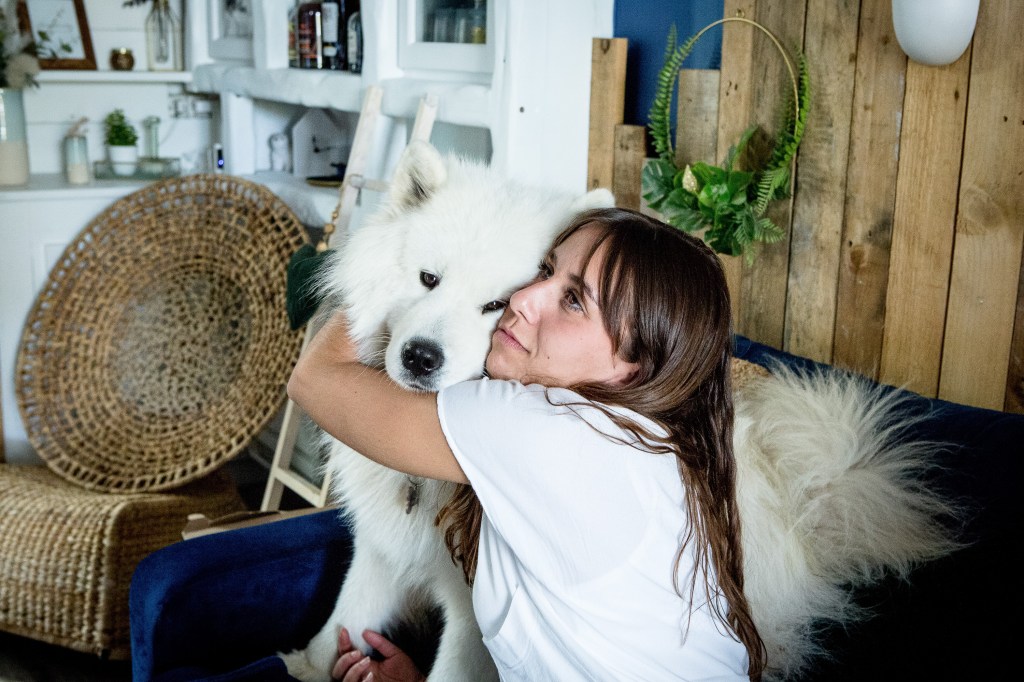 Samoyède avec sa maitresse, photographier un chien blanc par Nathalie Tiennot, photographe spécialiste animaux de compagnie