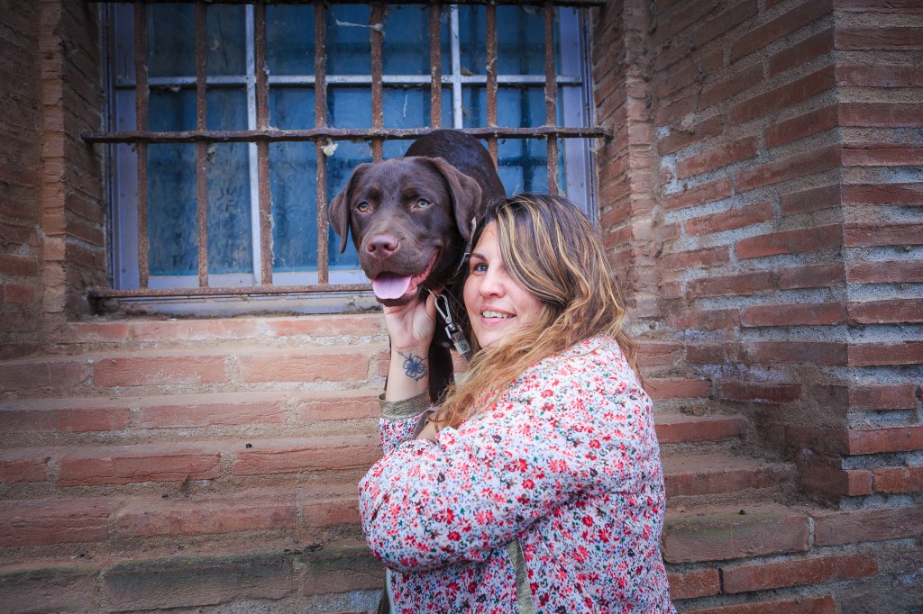 Labrador et son maitre sur briques rouges à Toulouse par photographe animalier occitanie