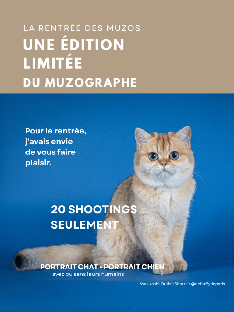 Édition limitée du MuZographe pour des séances photo de chiens et de chats, avec ou sans leurs humains, en studio ou en extérieur à Paris et Toulouse.